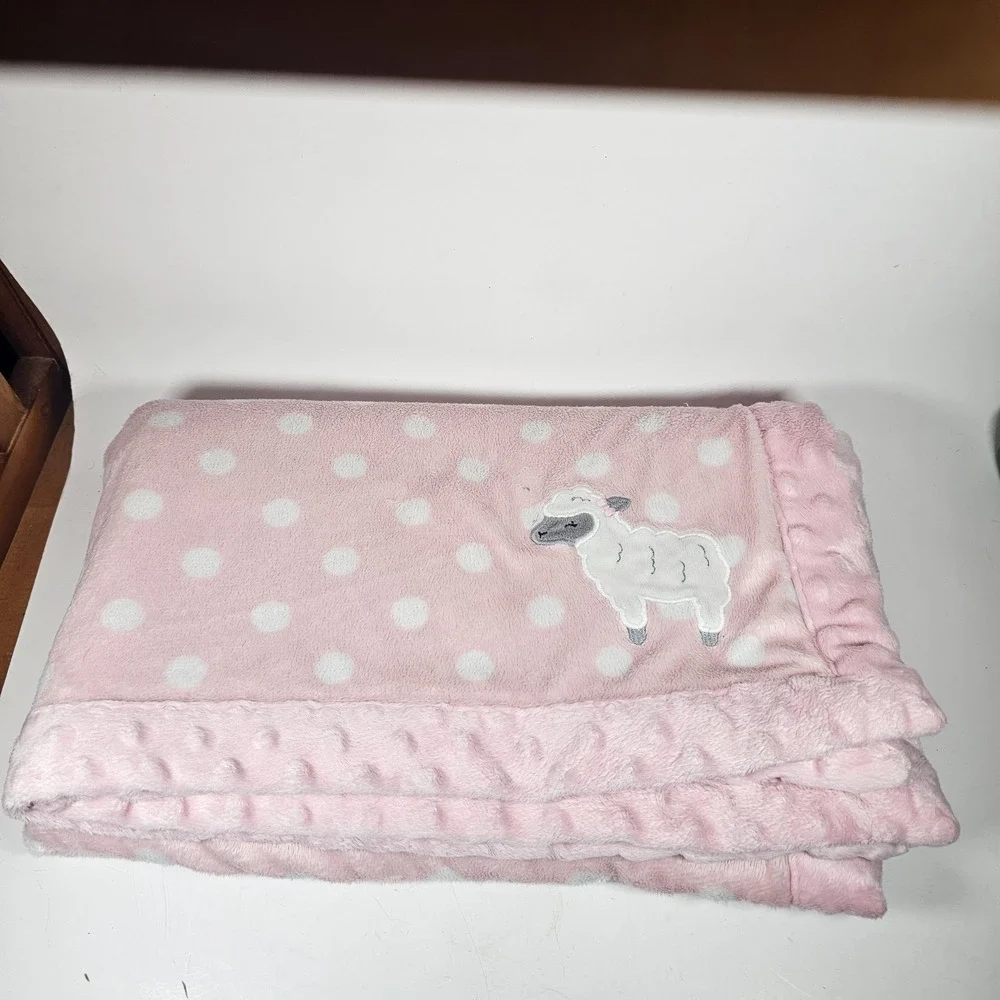 Carters Child of Mine Pink Lamb Sheep Baby Blanket White Dots Minky Sherpa 30x40